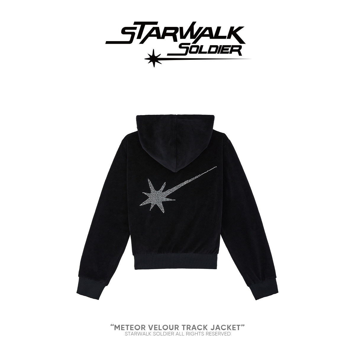 STARWALK SOLDIER 烫钻天鹅绒运动拉链帽衫 黑