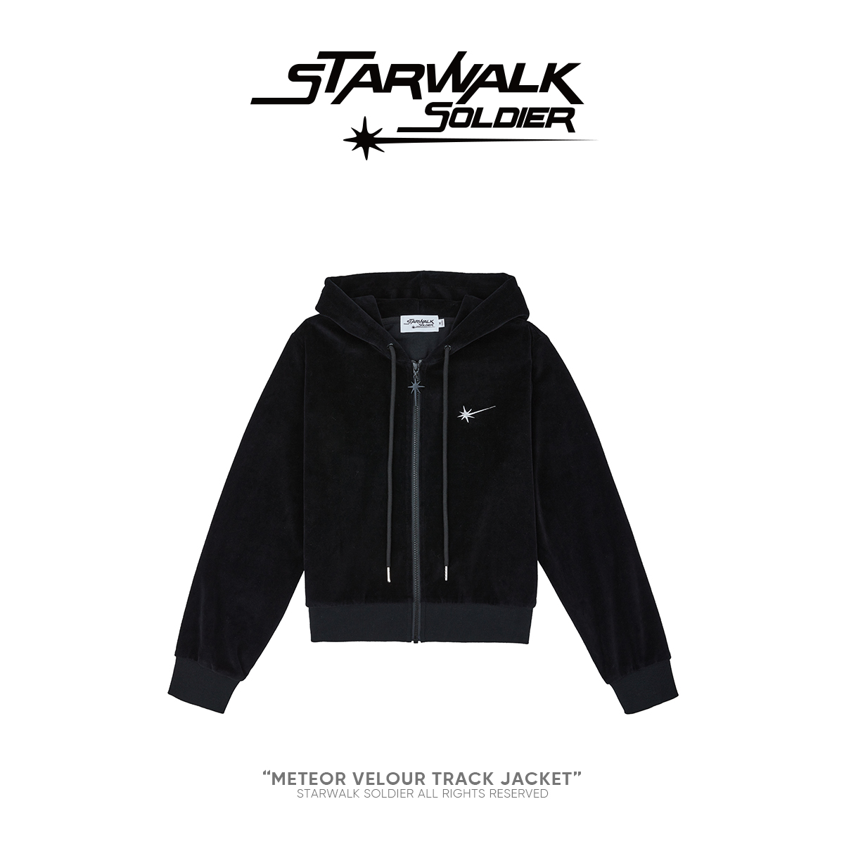 STARWALK SOLDIER 烫钻天鹅绒运动拉链帽衫 黑