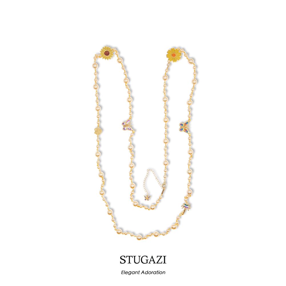 STUGAZI Elegant Adoration Gold蝴蝶雏菊长款裤链毛衣链珍珠项链